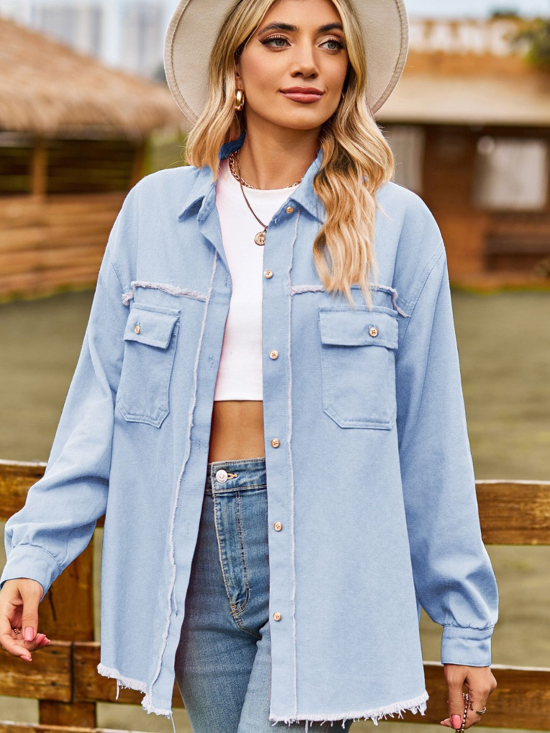 Button Up Collared Neck Raw Hem Denim Top-Angel Casuals