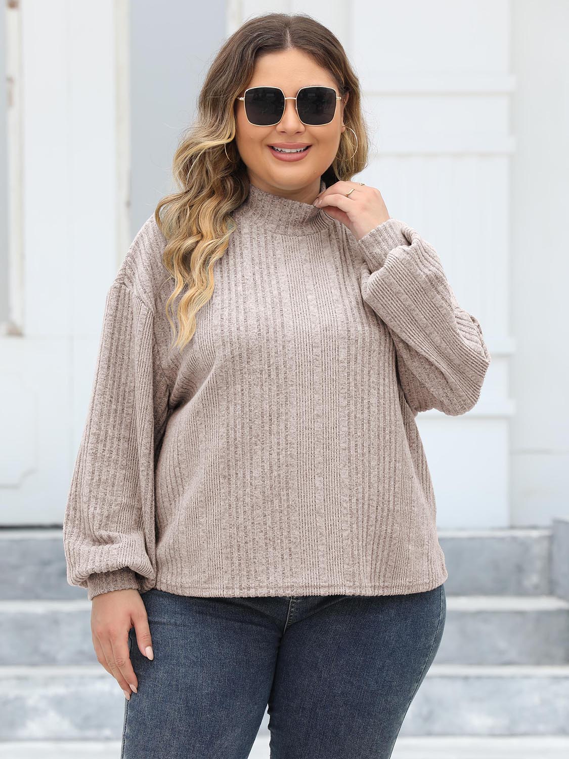 Plus Size Mock Neck Long Sleeve Knit Top-Angel Casuals