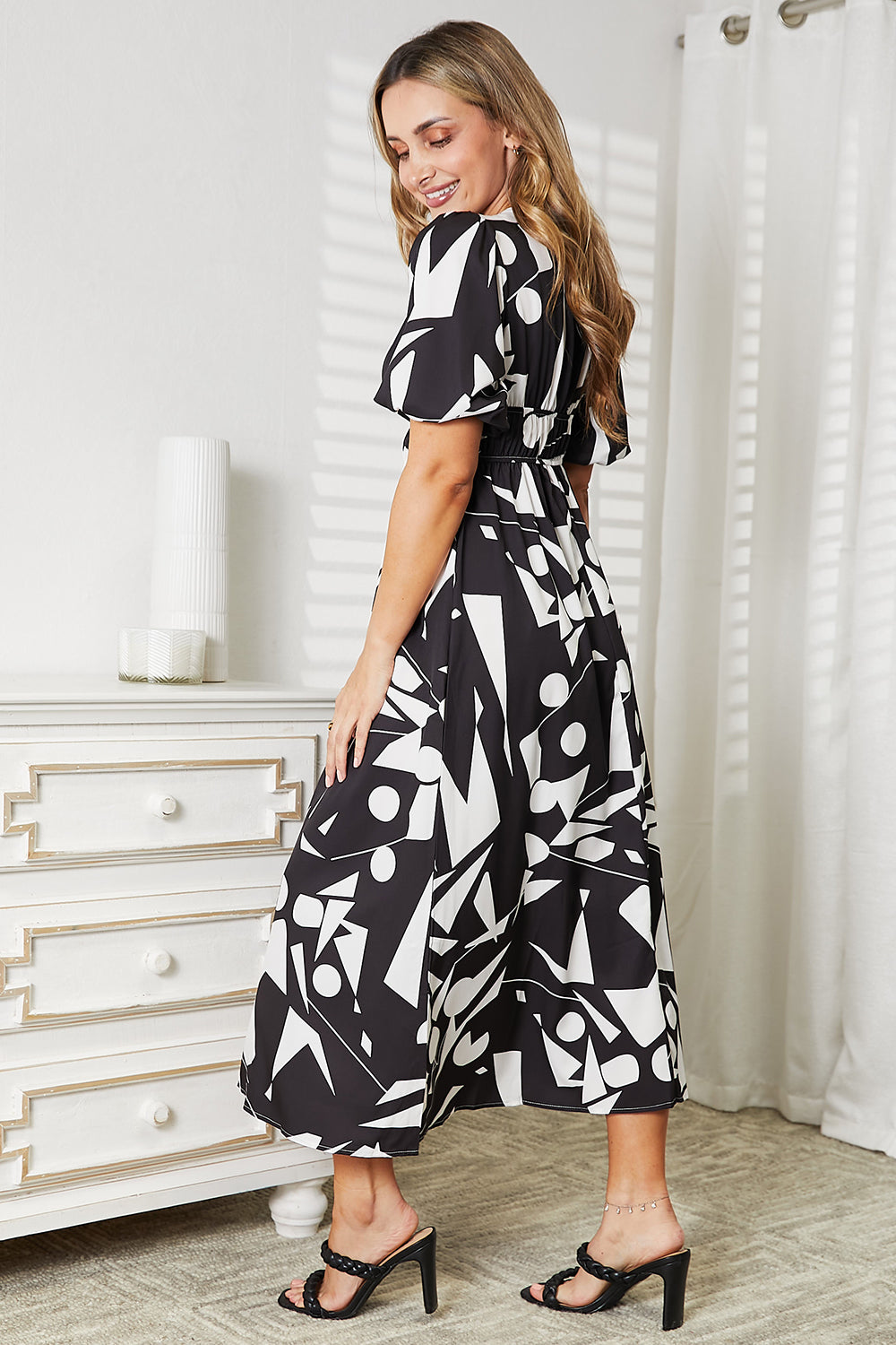 Printed Surplice Balloon Sleeve Dress-Angel Casuals