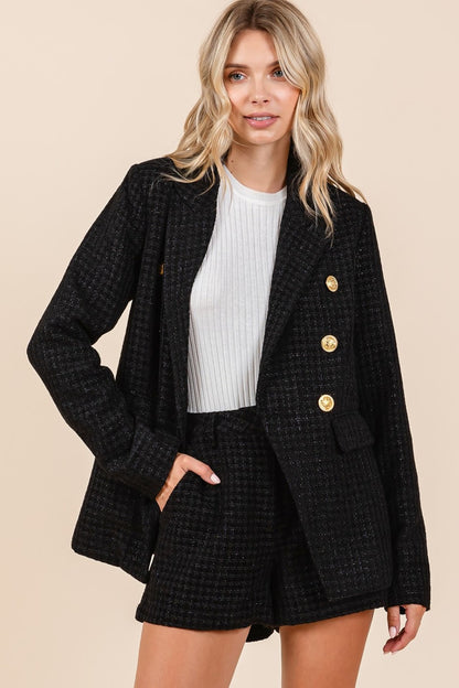 Mittoshop Plaid Texture Double-Breasted Long Sleeve Blazer-Angel Casuals