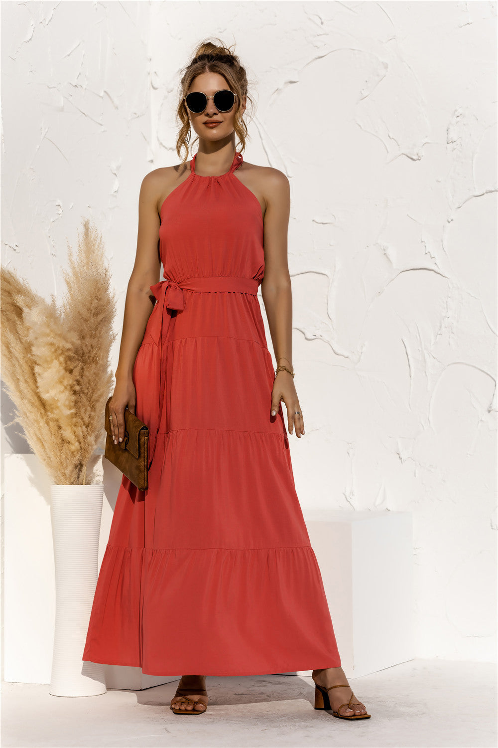 Halter Neck Tie Waist Tiered Maxi Dress-Angel Casuals