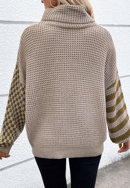 Striped & Checkered Turtleneck Dropped Shoulder Sweater-Angel Casuals