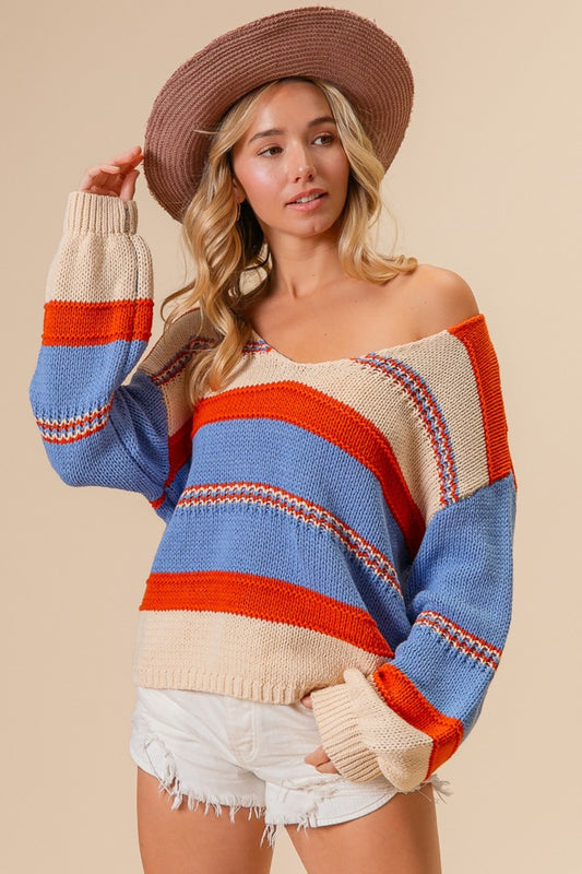 BiBi Multi Color Stripe Scoop Neck Sweater-Angel Casuals