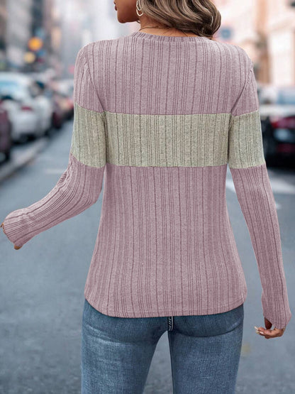 Color Block Round Neck Long Sleeve Top-Angel Casuals