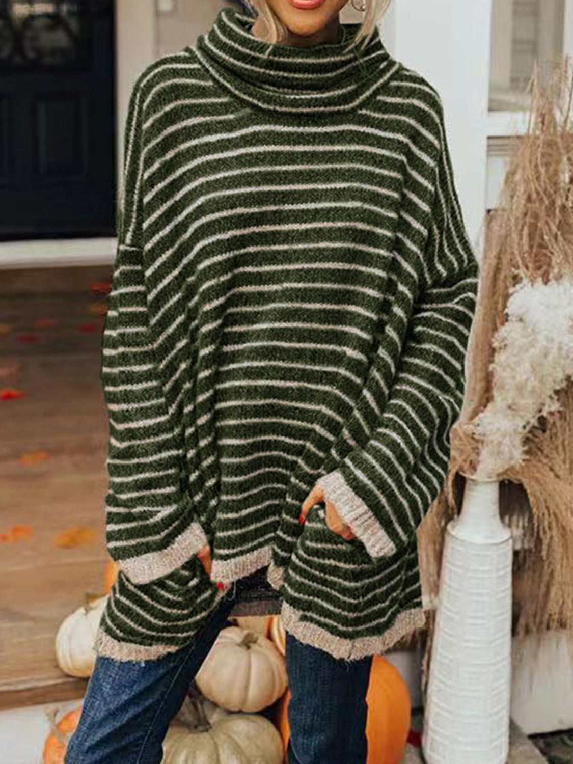 Striped Turtleneck Sweater with Pockets-Angel Casuals