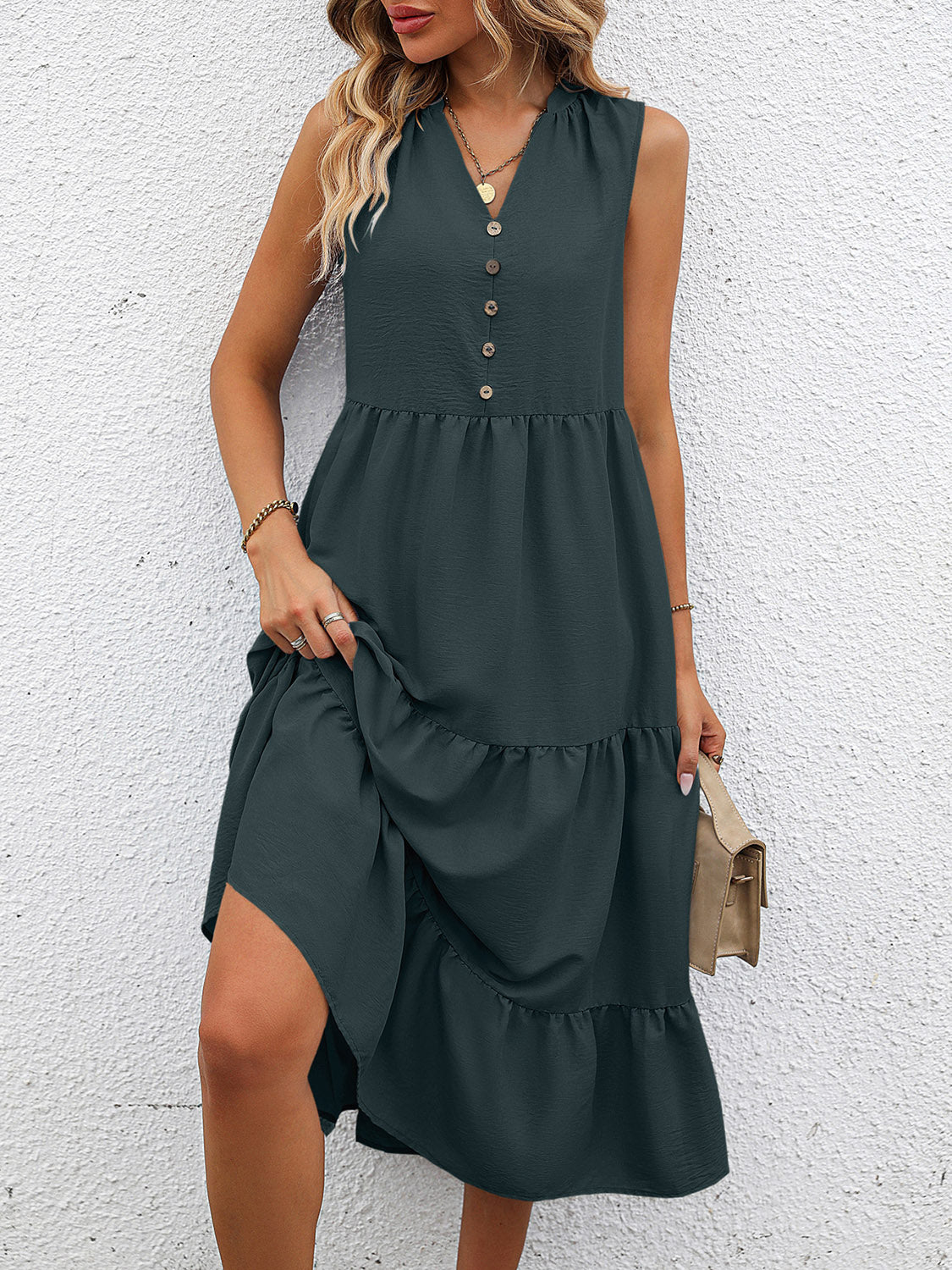 V-Neck Sleeveless Tiered Dress-Angel Casuals