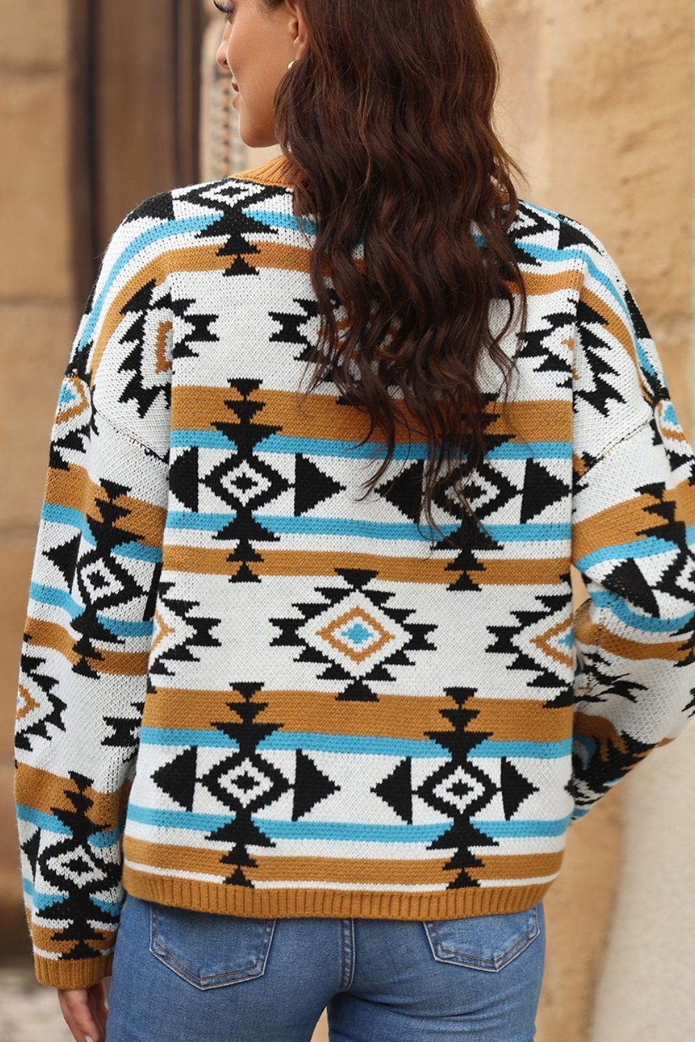 Geometric Round Neck Long Sleeve Sweater-Angel Casuals