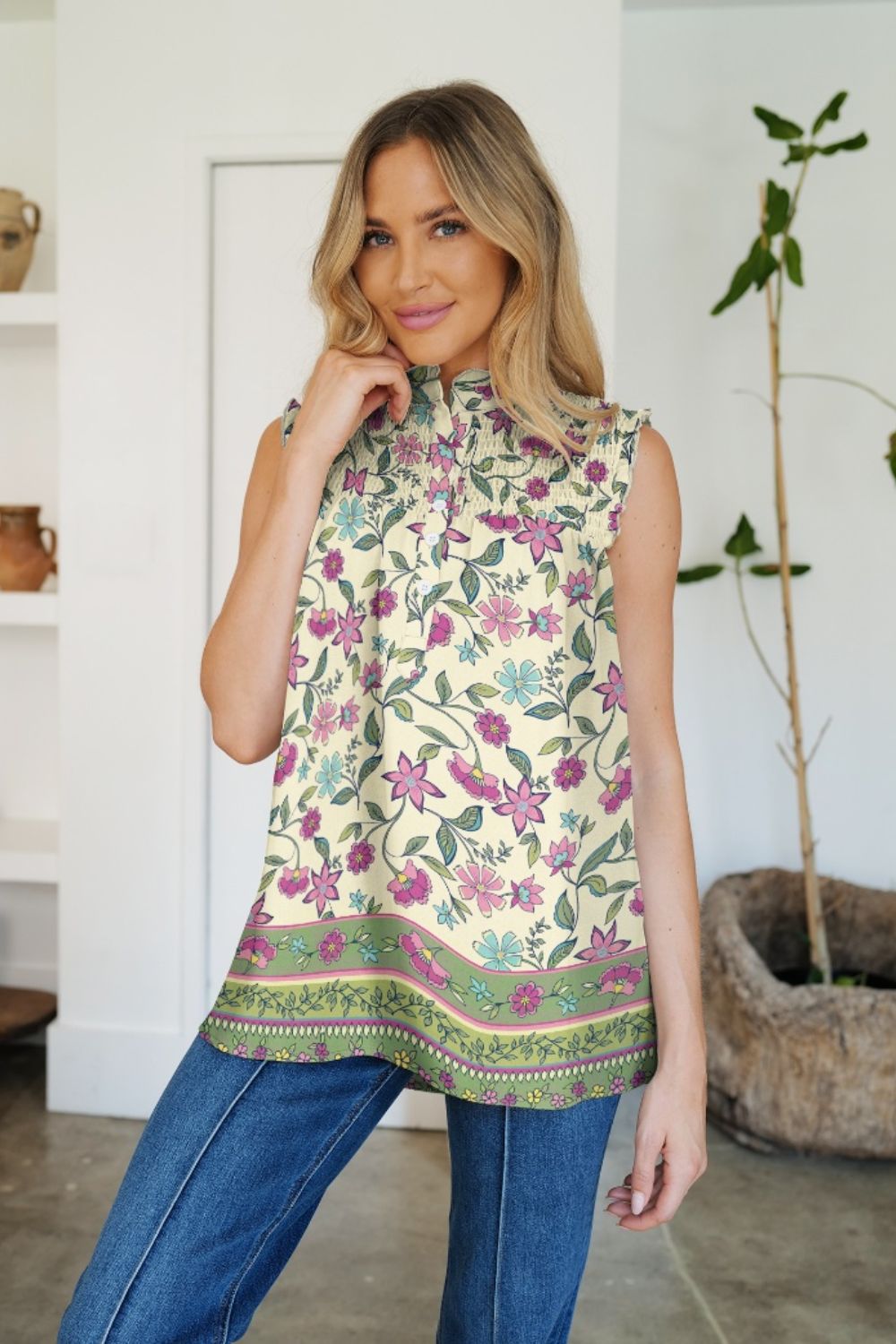 Frill Printed Mock Neck Top-Angel Casuals