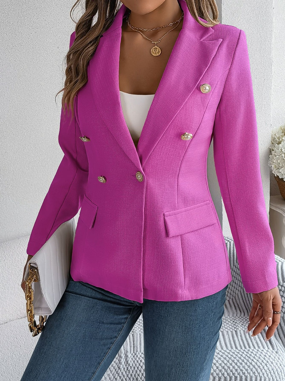 Decorative Pocket Flap Lapel Collar Long Sleeve Blazer-Angel Casuals