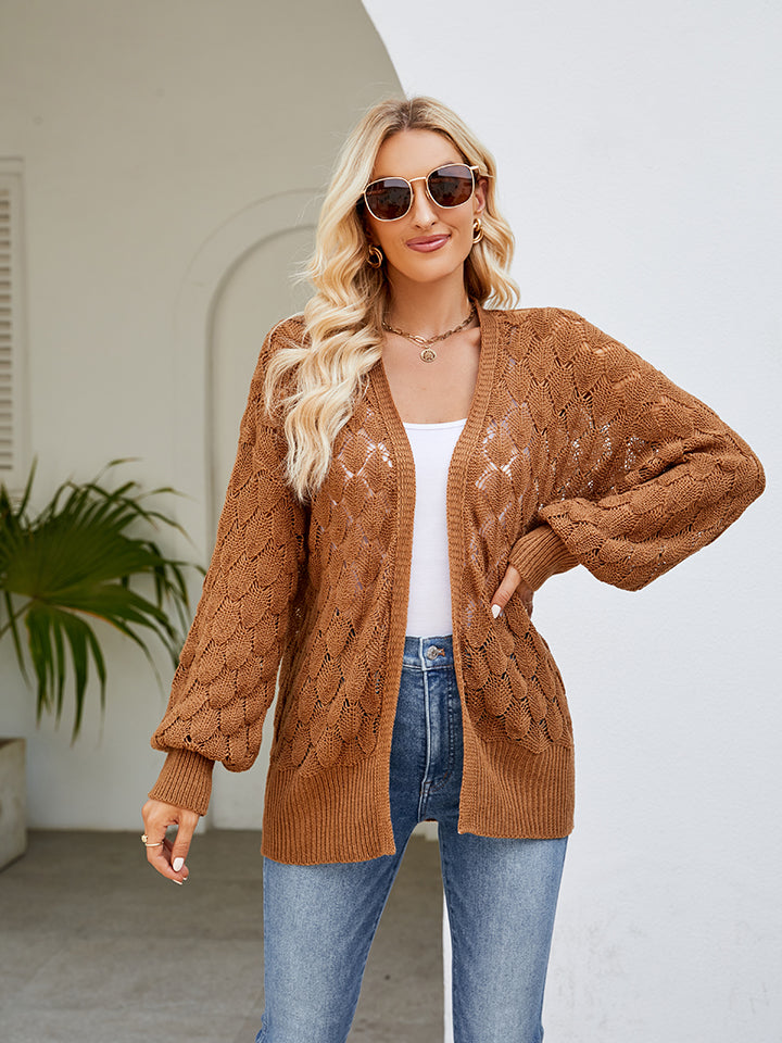 Openwork Open Front Lantern Sleeve Cardigan-Angel Casuals