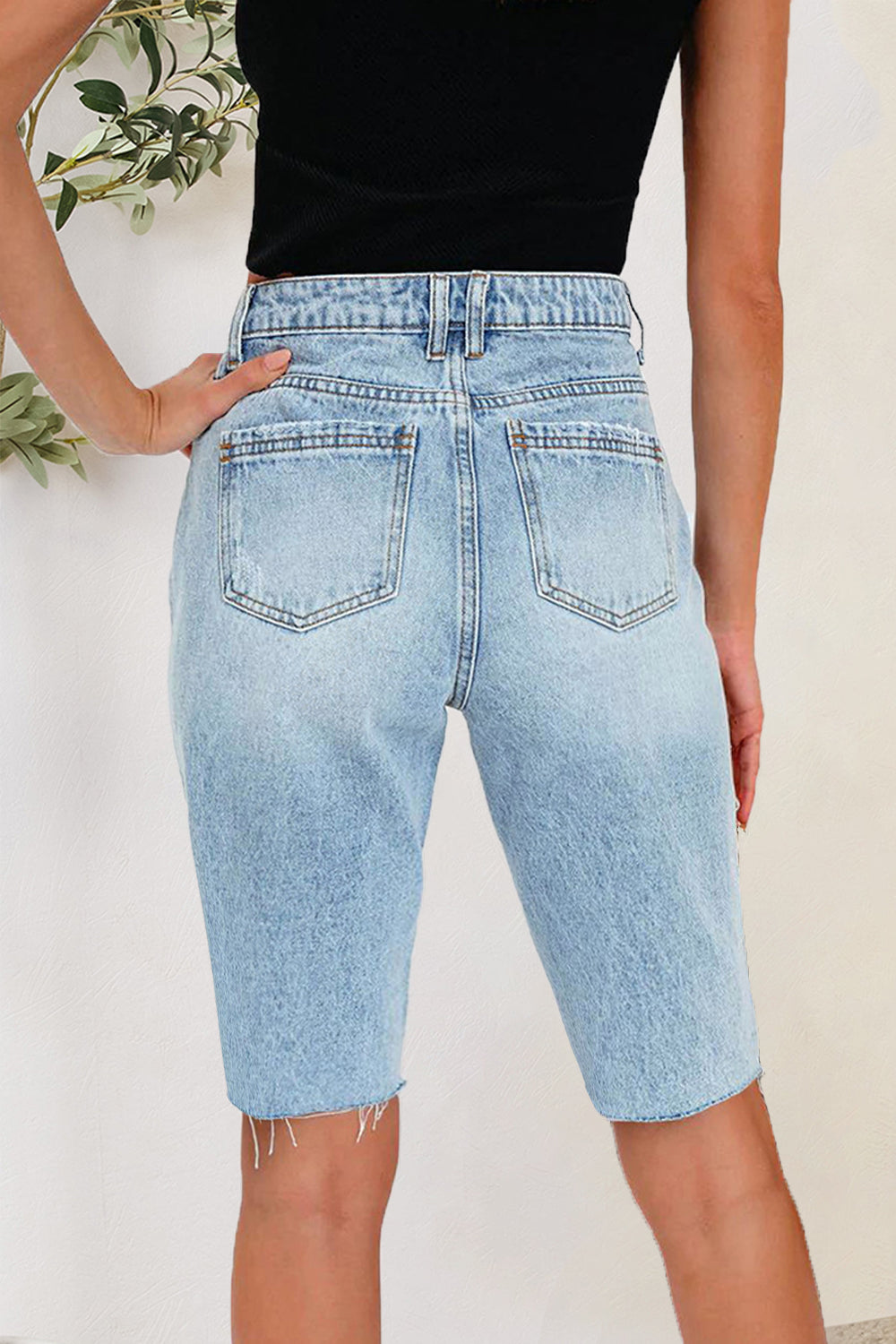 Distressed Pocketed Denim Shorts-Angel Casuals