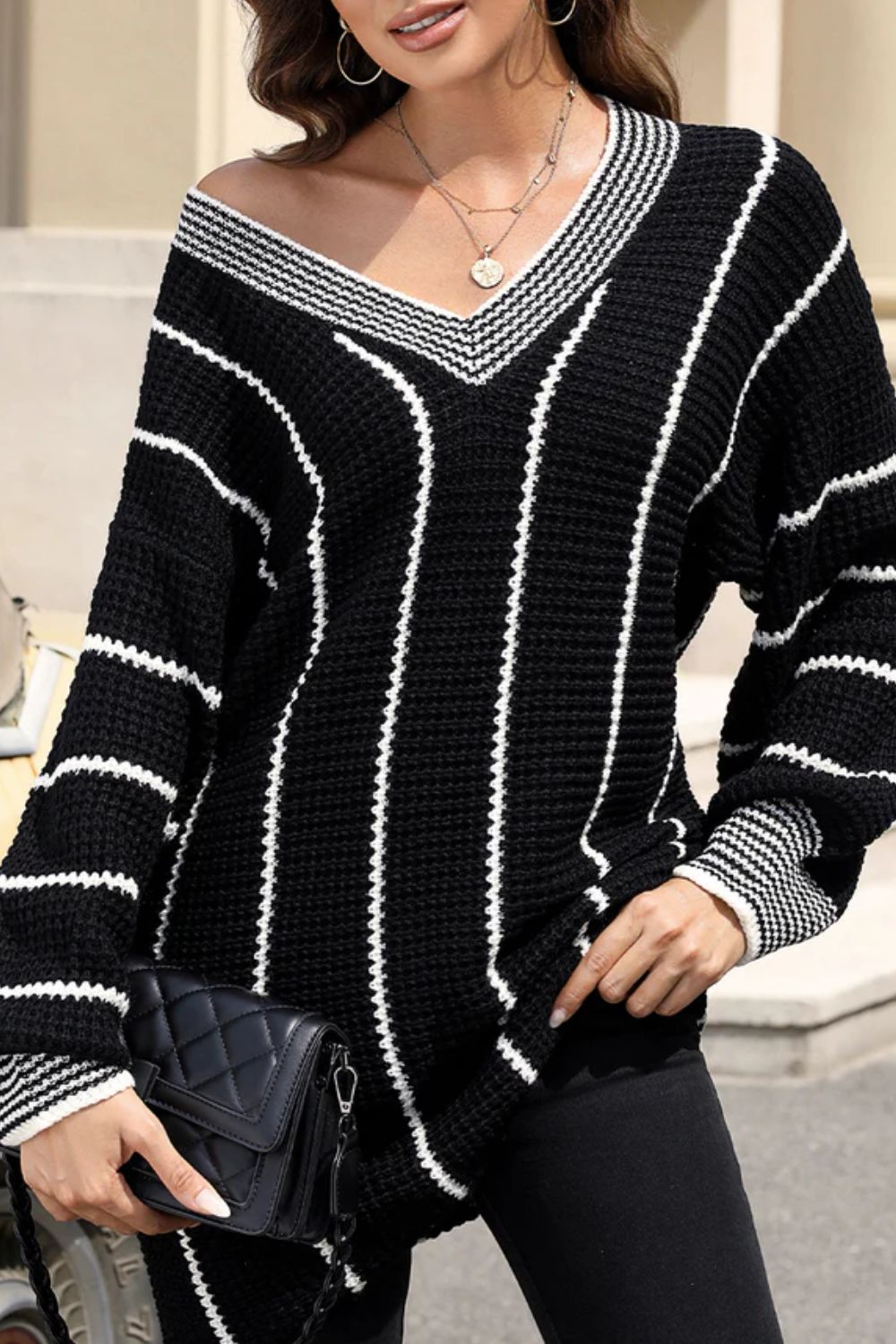 Striped V-Neck Long Sleeve Sweater-Angel Casuals