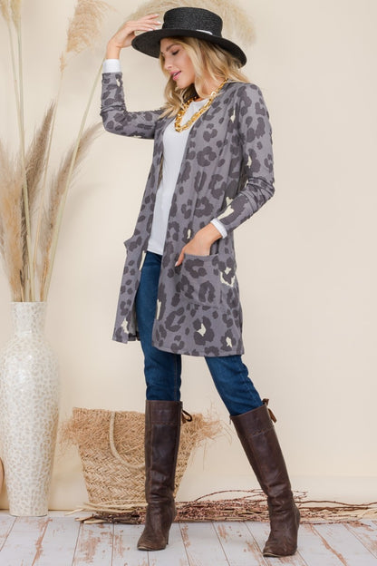 Celeste Full Size Leopard Open Front Contrast Cardigan-Angel Casuals