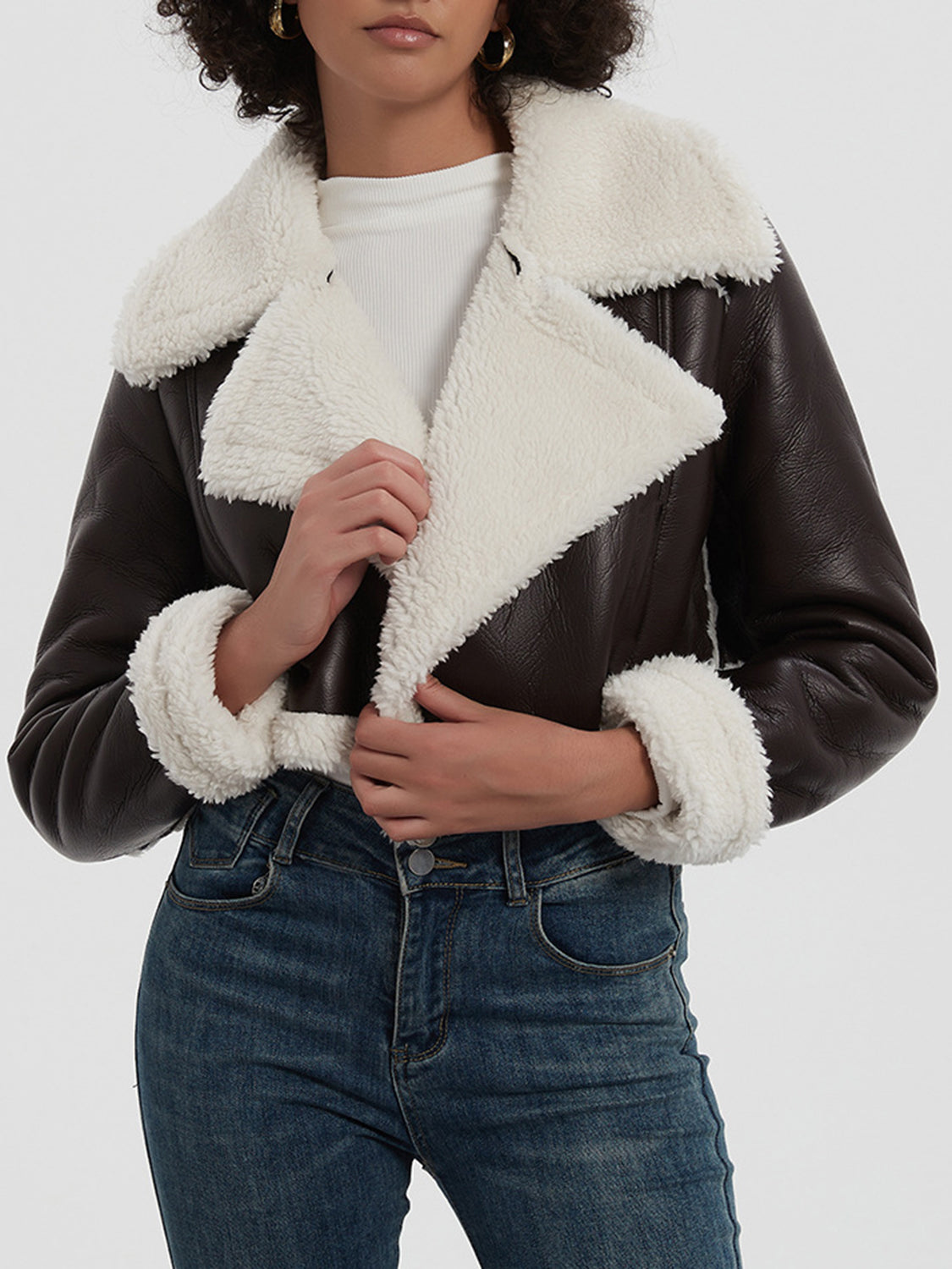 Collared Neck Long Sleeve Plush Cropped Jacket-Angel Casuals
