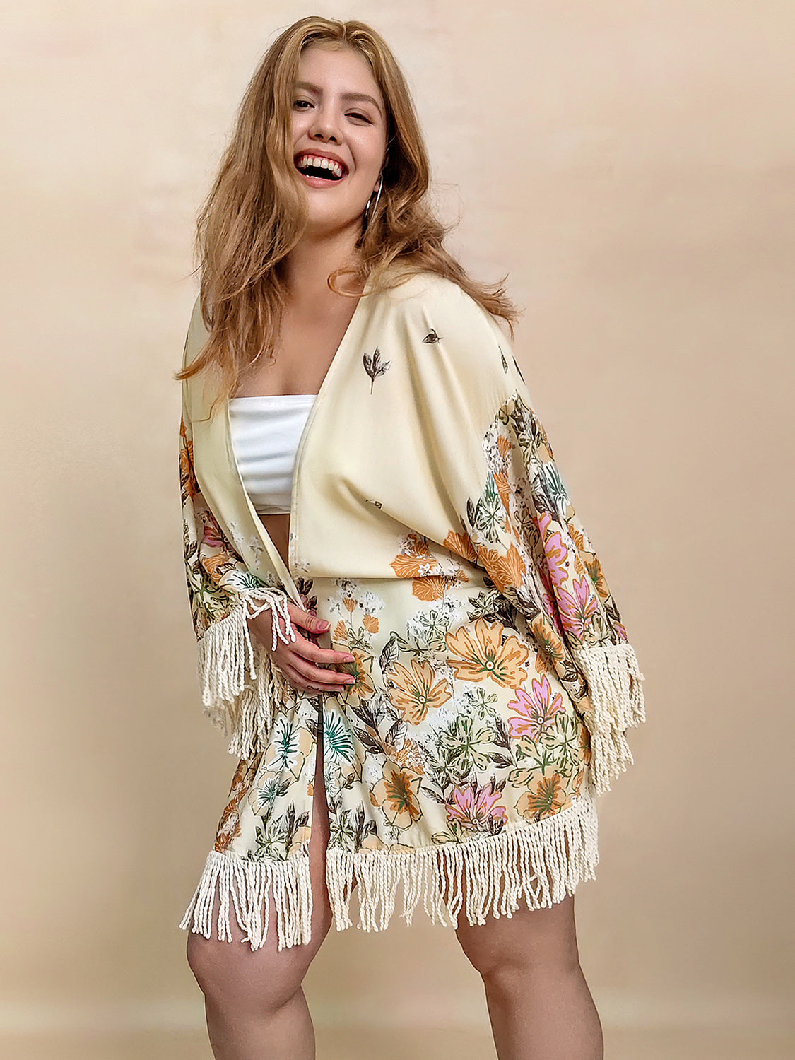 Plus Size Fringe Printed Open Front Cardigan-Angel Casuals