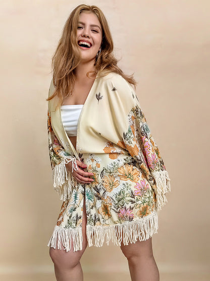 Plus Size Fringe Printed Open Front Cardigan-Angel Casuals