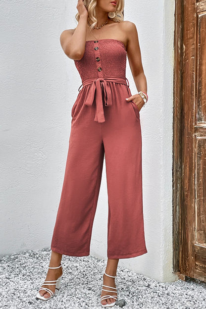 Decorative Button Strapless Smocked Jumpsuit with Pockets-Angel Casuals