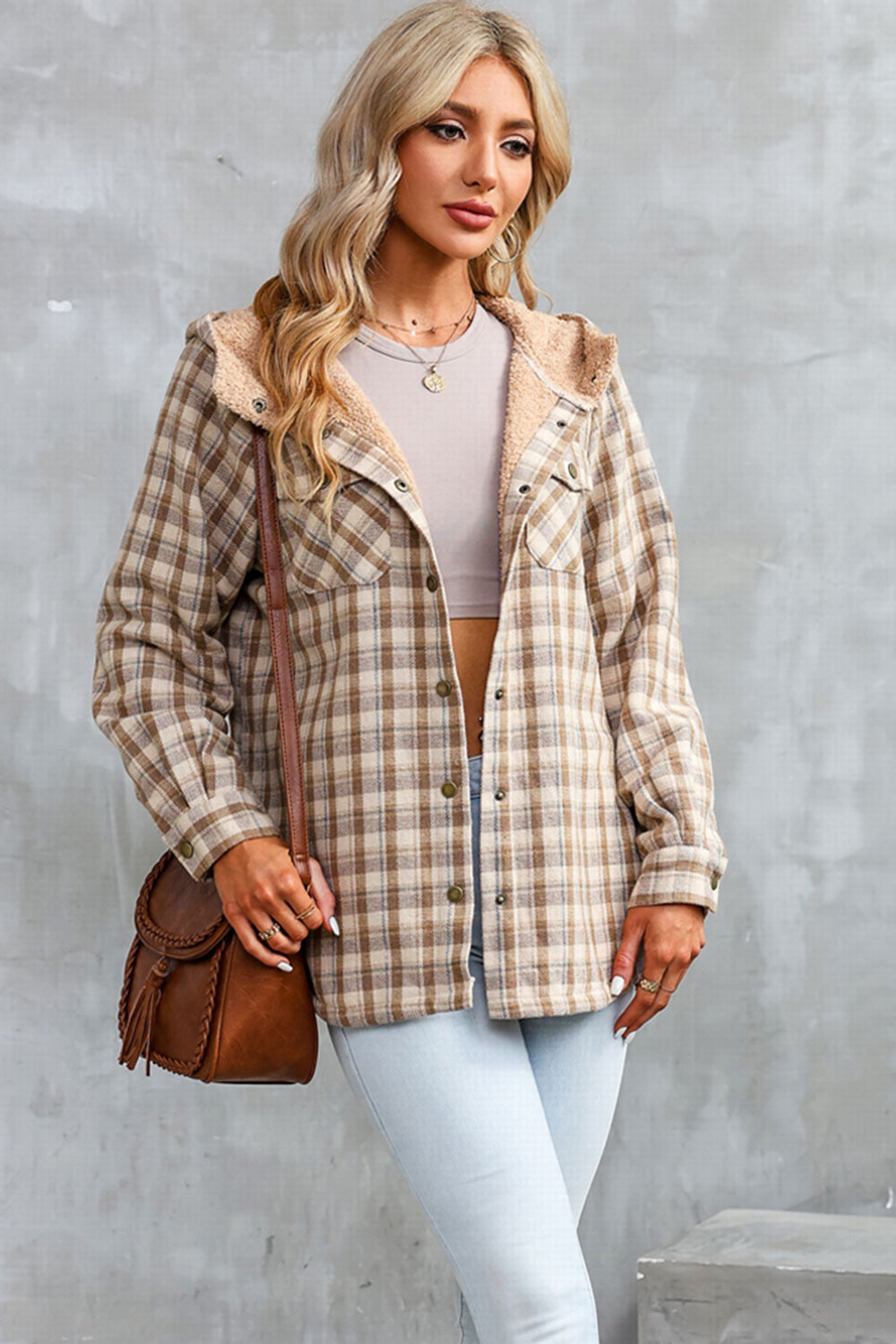 Plaid Snap Down Hooded Jacket-Angel Casuals