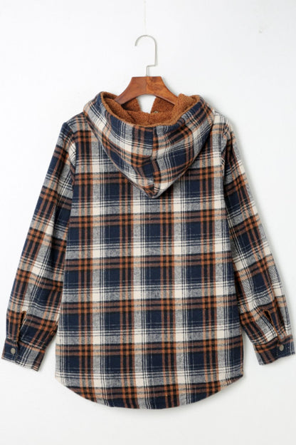 Plaid Button Up Long Sleeve Hooded Jacket-Angel Casuals