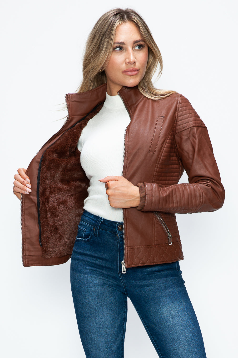 YMI Faux Layered Double-Zipper Jacket with Fuzzy Hood-Angel Casuals