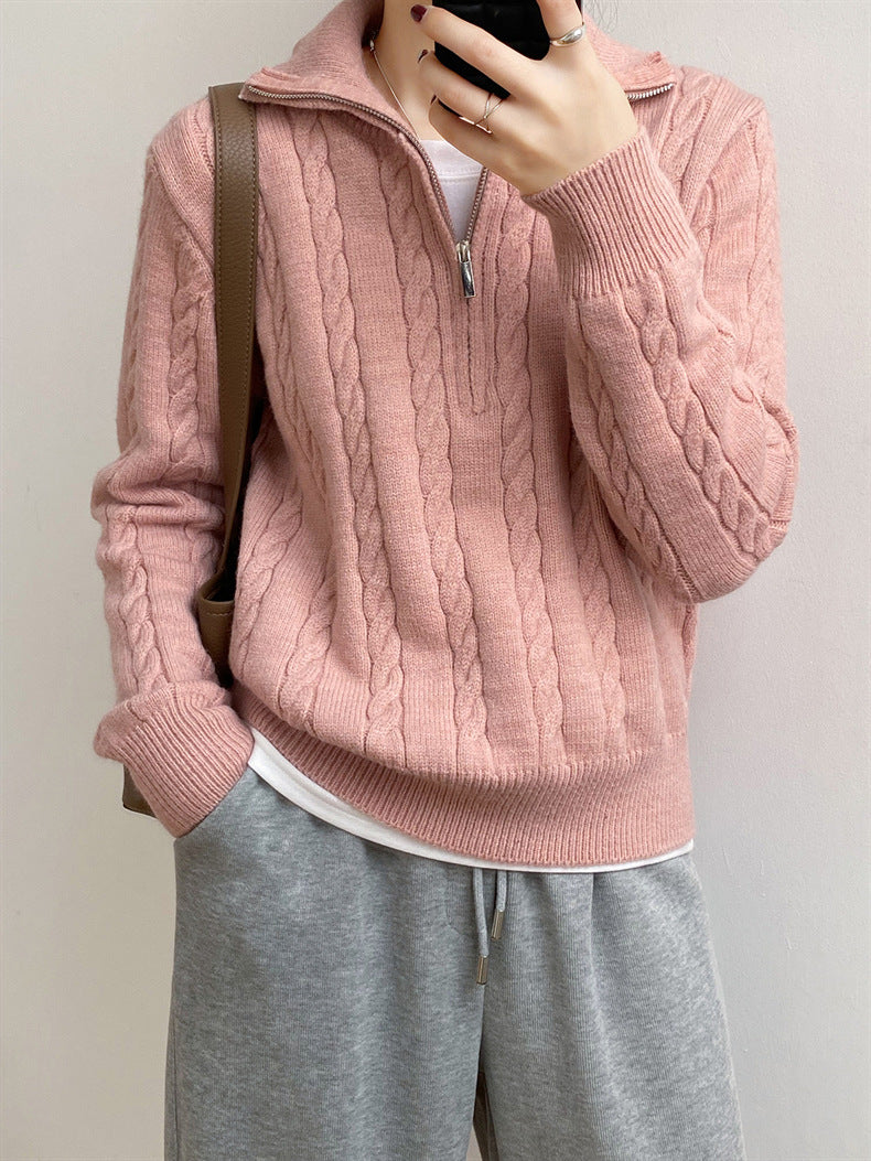 Cable-Knit Half Zip Long Sleeve Sweater-Angel Casuals