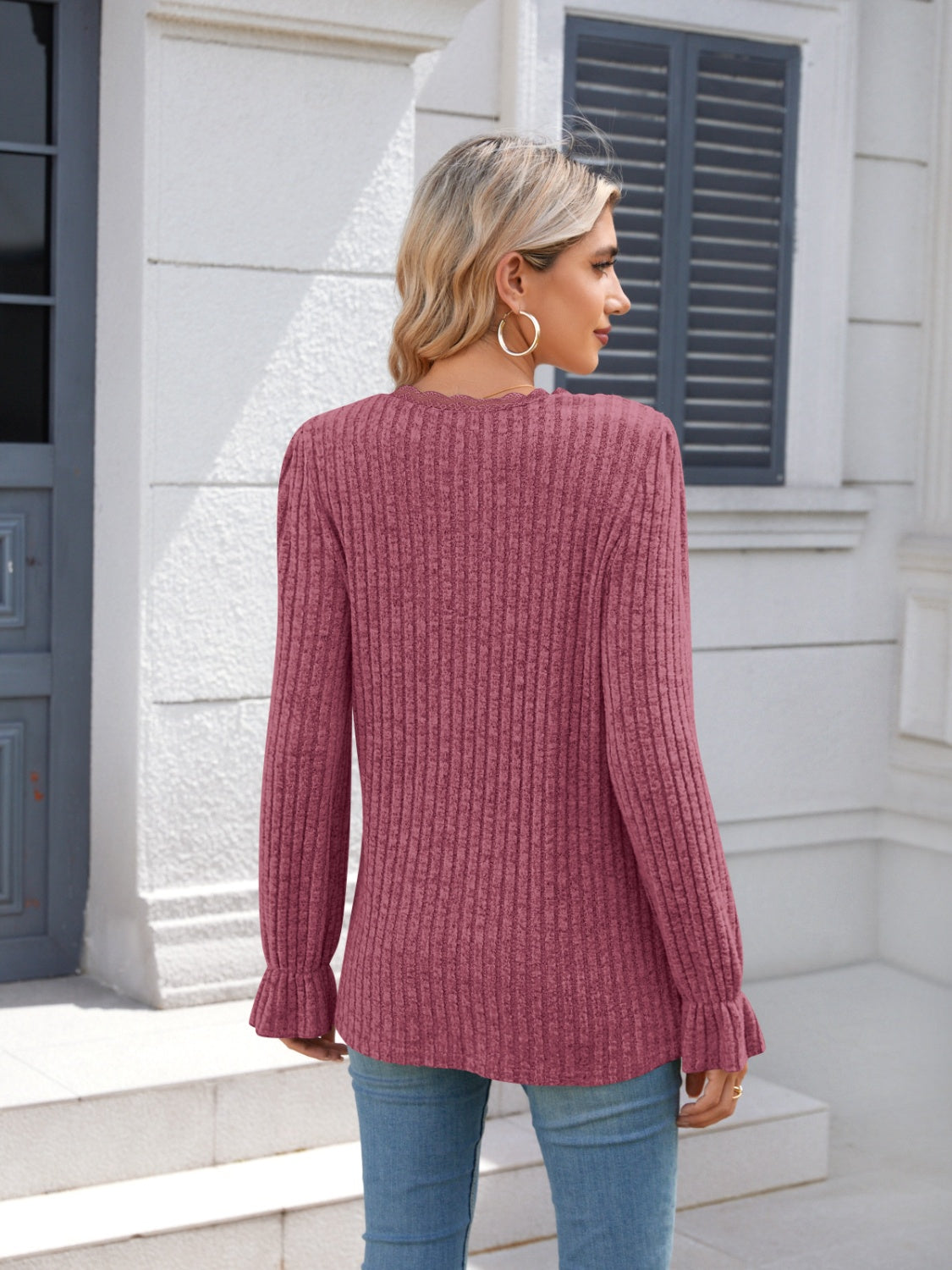 Lace Detail V-Neck Long Sleeve T-Shirt-Angel Casuals