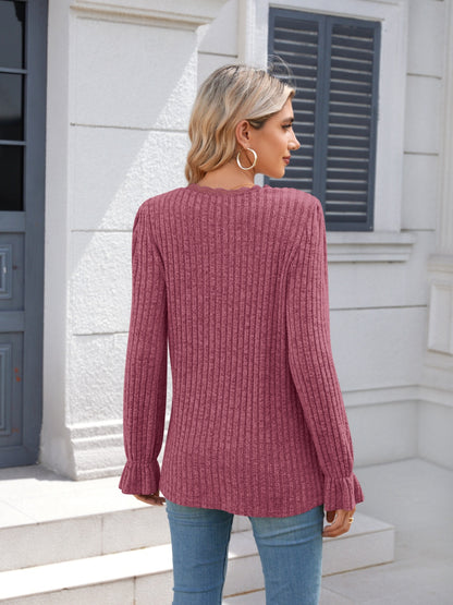 Lace Detail V-Neck Long Sleeve T-Shirt-Angel Casuals