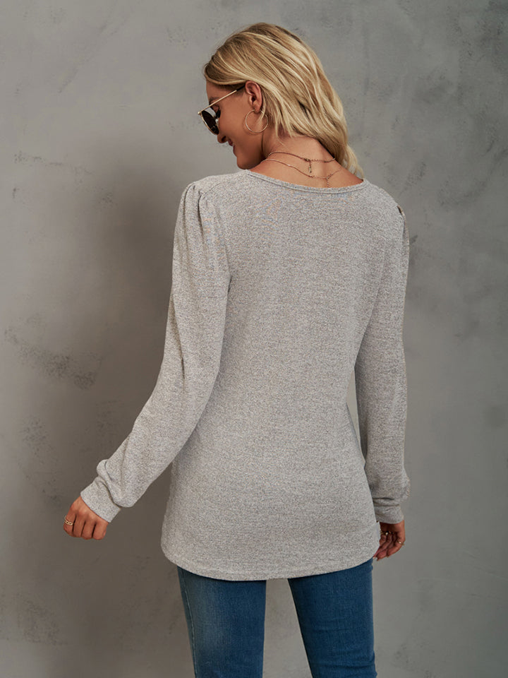 Heathered Square Neck Long Sleeve T-Shirt-Angel Casuals