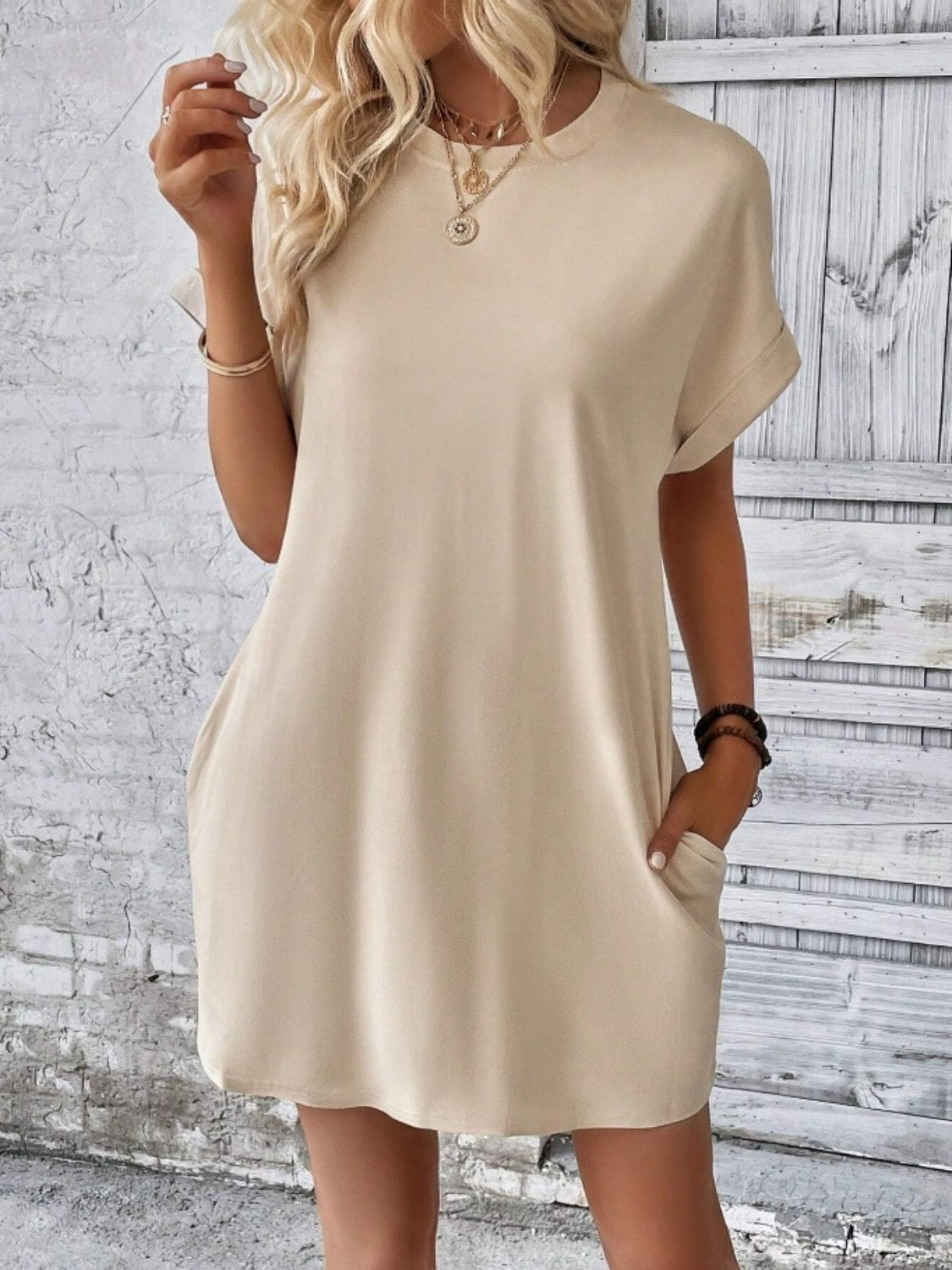 Pocketed Round Neck Short Sleeve Dress-Angel Casuals