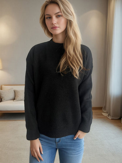 Round Neck Drop Shoulder Long Sleeve Sweater-Angel Casuals