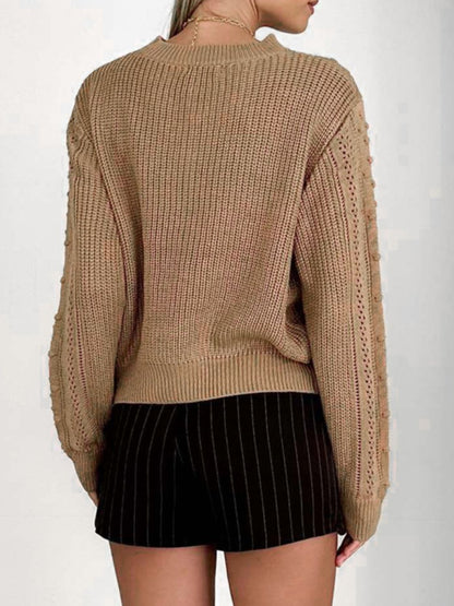 Perfee Openwork Round Neck Long Sleeve Sweater-Angel Casuals