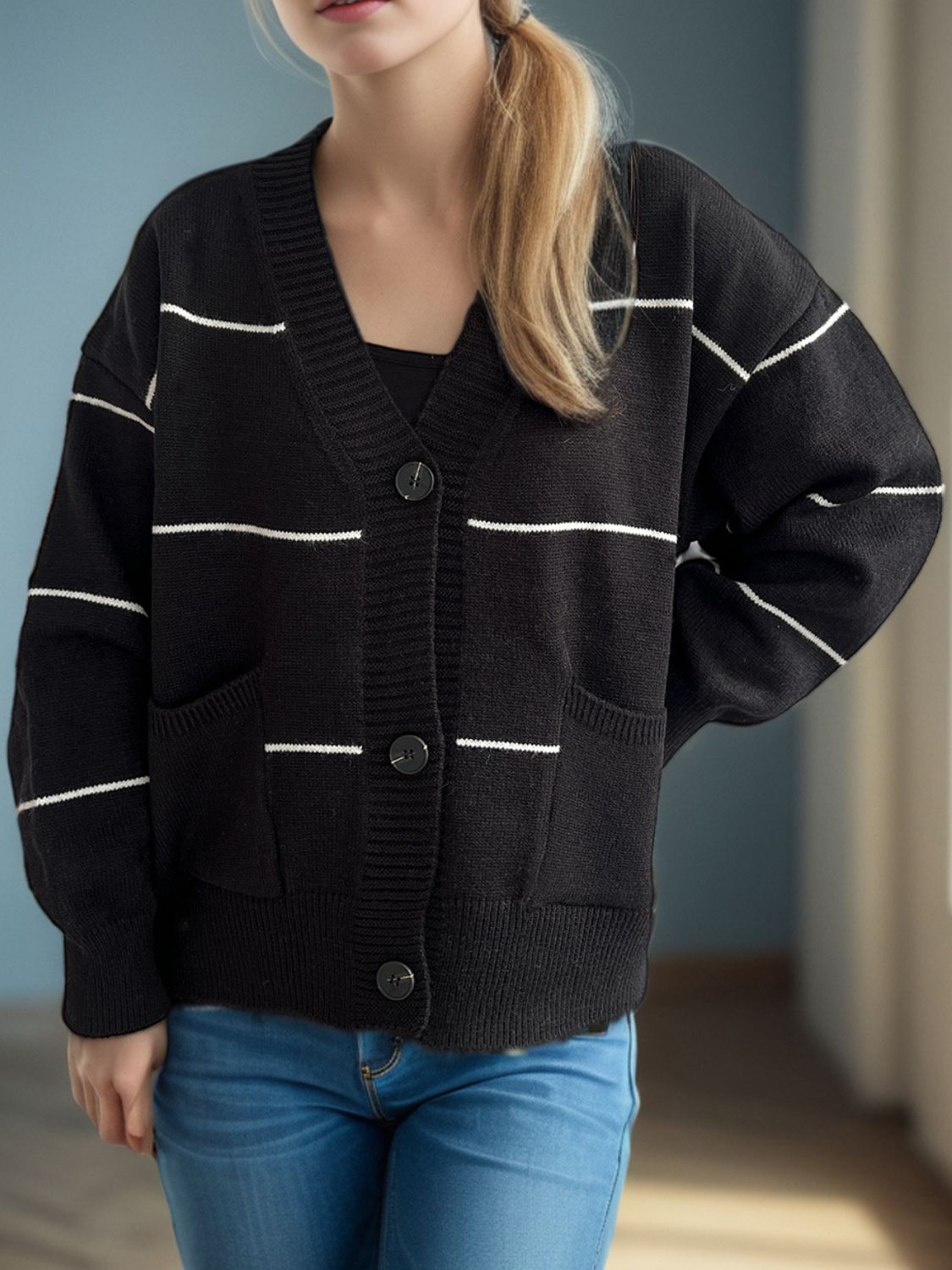 Striped Button Down V-Neck Long Sleeve Cardigan-Angel Casuals