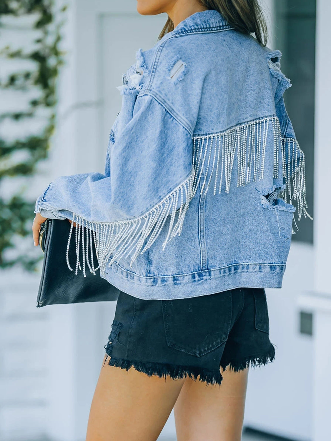 Distressed Fringe Denim Jacket-Angel Casuals