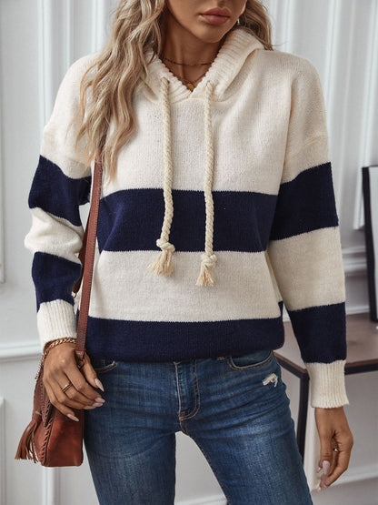 Drawstring Contrast Stripe Dropped Shoulder Hooded Sweater-Angel Casuals