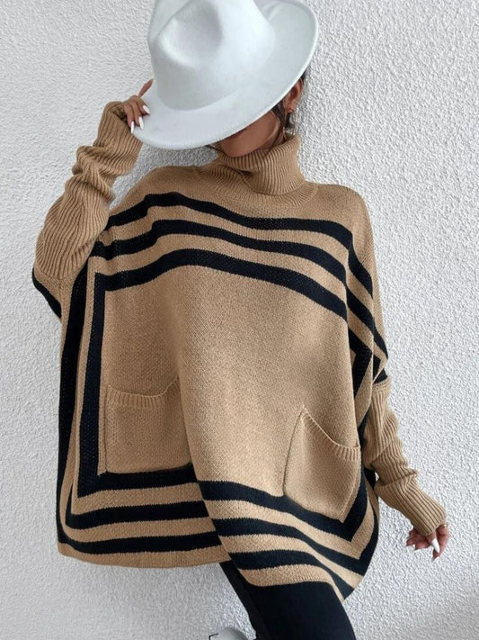 Striped Turtleneck Batwing Sleeve Sweater with Pockets-Angel Casuals