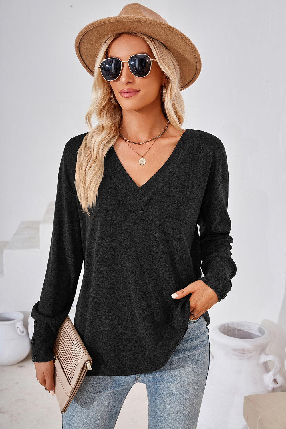 V-Neck Dropped Shoulder T-Shirt-Angel Casuals