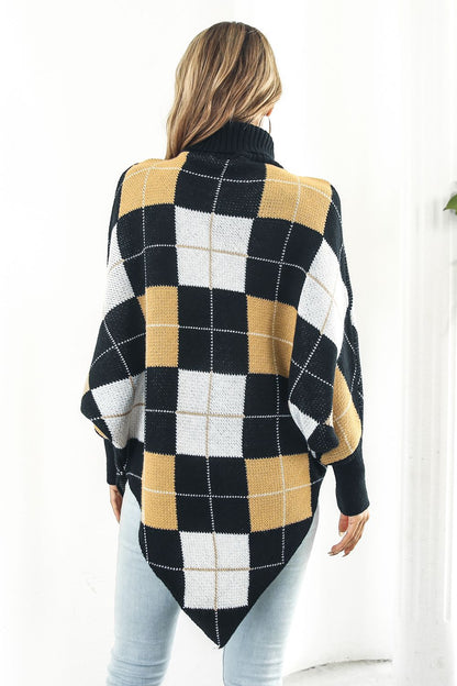 Plaid Turtleneck Dolman Sleeve Poncho-Angel Casuals