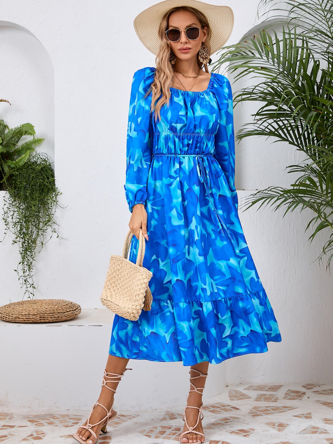 Printed Long Sleeve Midi Dress-Angel Casuals