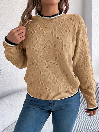 Contrast Trim Round Neck Long Sleeve Sweater-Angel Casuals