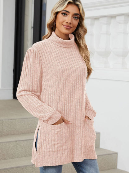 Slit Mock Neck Long Sleeve T-Shirt-Angel Casuals