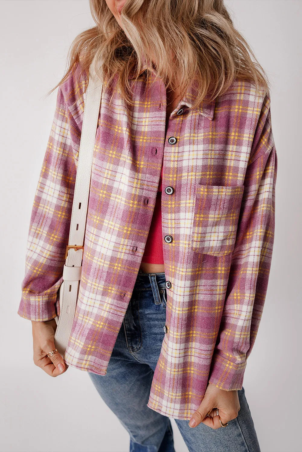 Plaid Collared Neck Long Sleeve Shacket-Angel Casuals