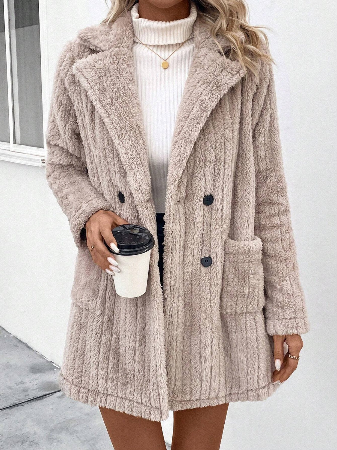 Fuzzy Button Up Long Sleeve Coat with Pockets-Angel Casuals