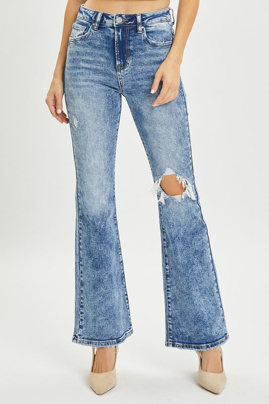 RISEN Full Size High Rise Distressed Flare Jeans-Angel Casuals