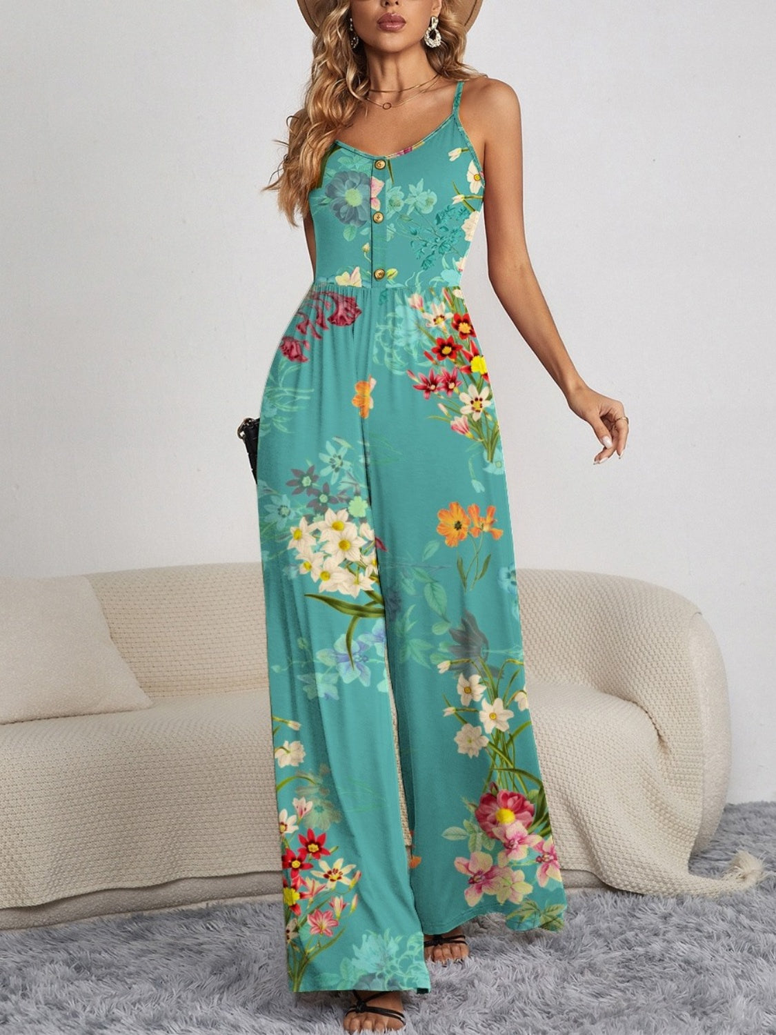 Decorative Button Spaghetti Strap Wide Leg Jumpsuit-Angel Casuals