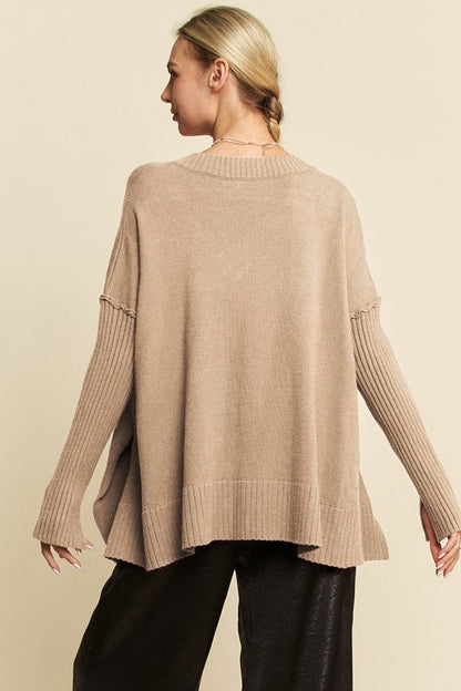 Davi & Dani Ribbed Side Slit V-Neck Sweater-Angel Casuals