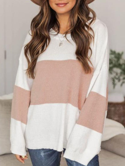 Color Block Round Neck Long Sleeve Sweater-Angel Casuals