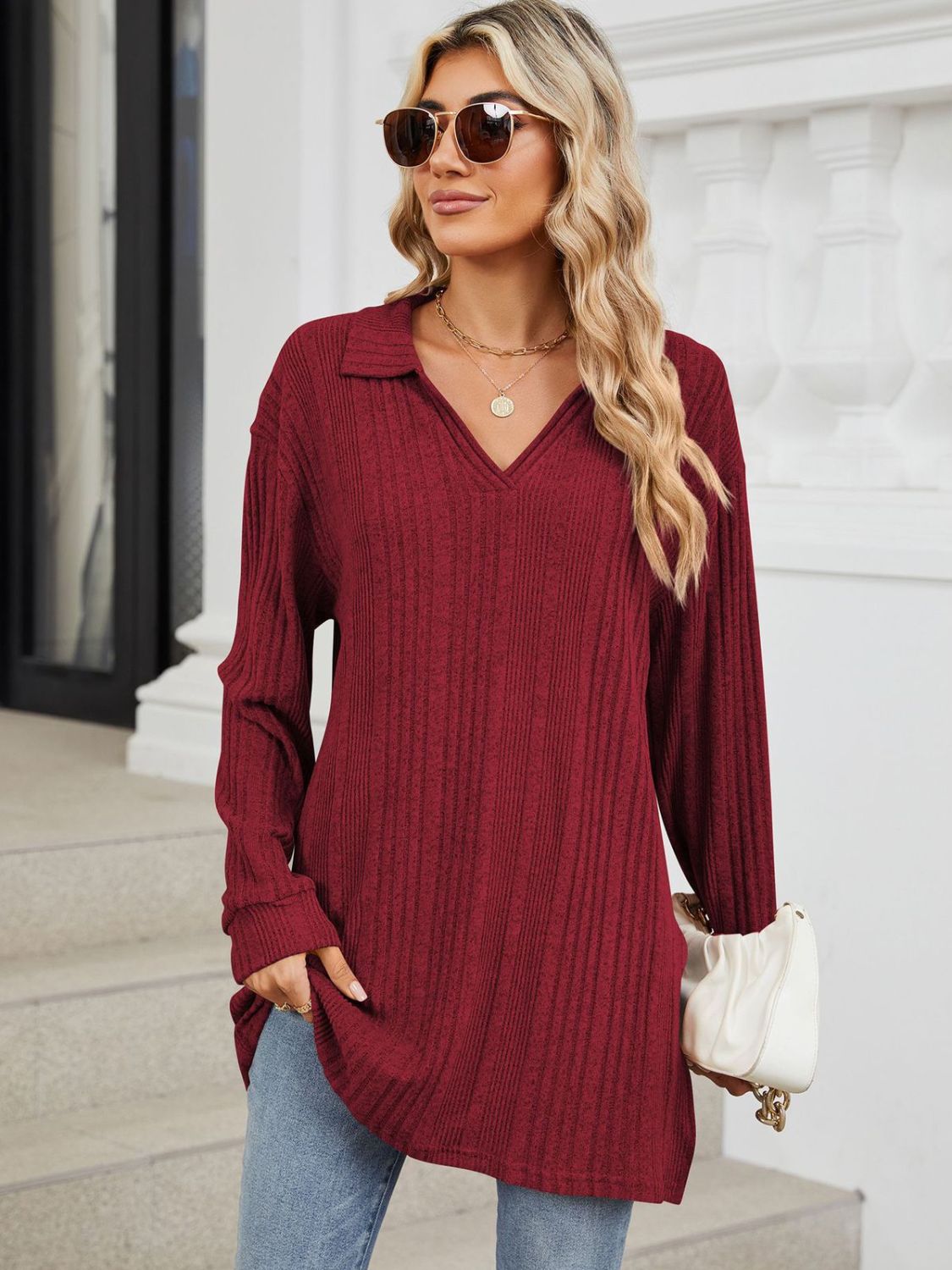 Slit Johnny Collar Long Sleeve T-Shirt-Angel Casuals