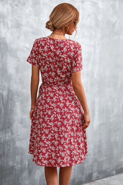 Floral Surplice Neck Flutter Sleeve Dress-Angel Casuals