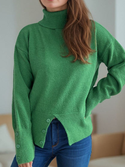 Front Slit Decorative Button Turtleneck Sweater-Angel Casuals