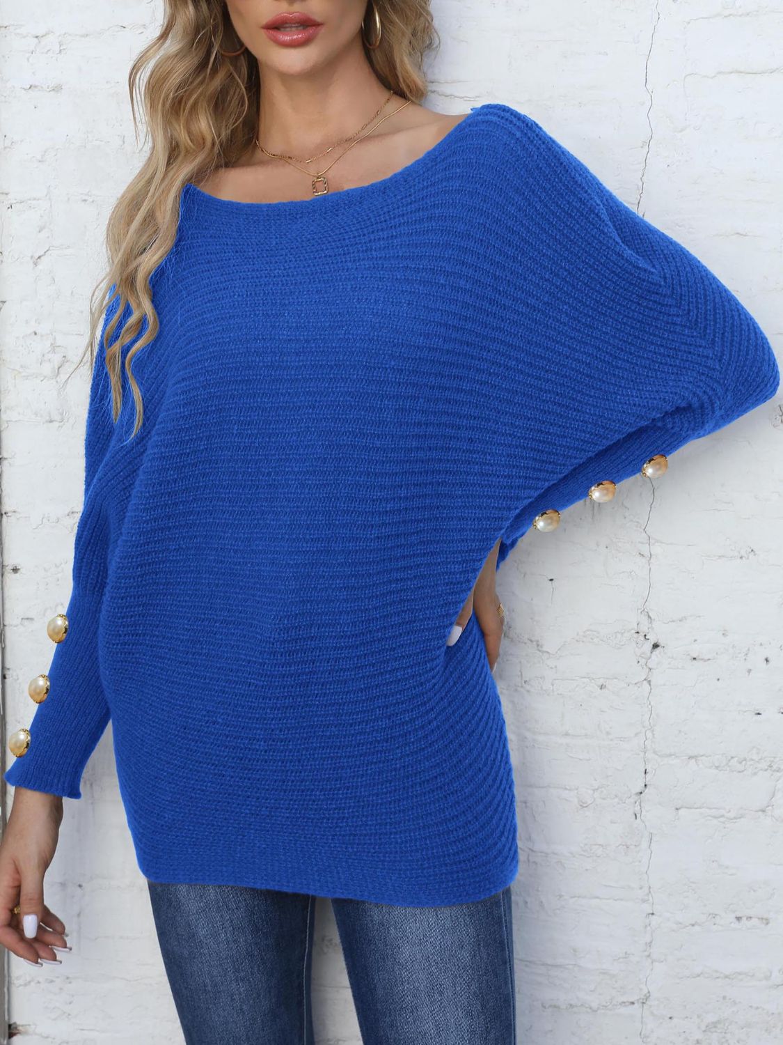 Full Size Boat Neck Long Sleeve Sweater-Angel Casuals